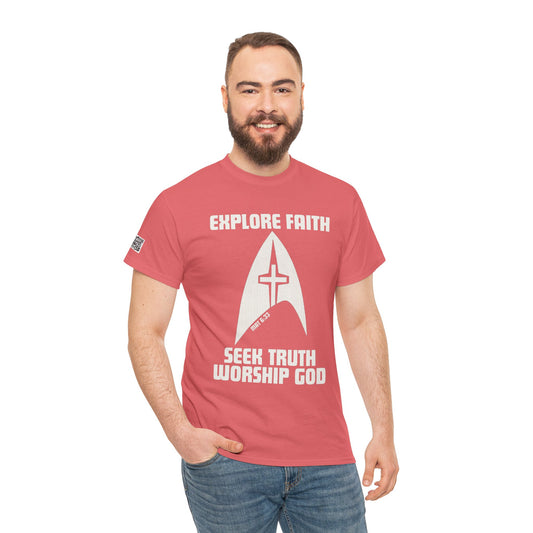 “Explore • Seek • Worship Tee — Cosmic Faith Statement Shirt