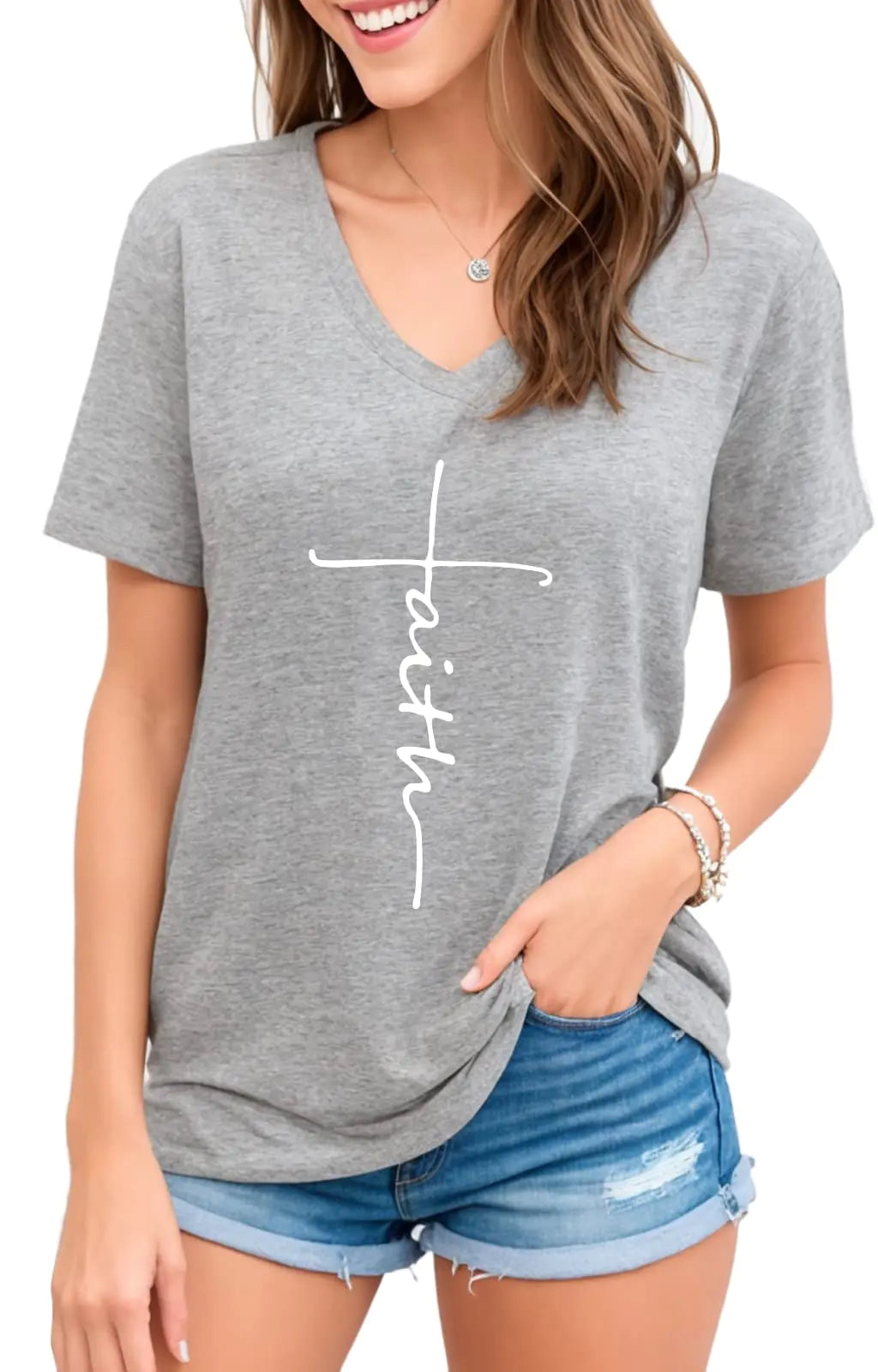 Faithful Cross V-Neck Tee — Bold Faith Statement Shirt