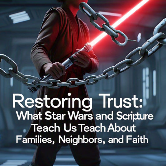 Person holding a lightsaber behind chains with text overlay about trust, Star Wars, and Scripture.