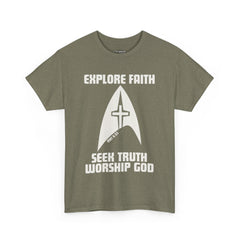 Unisex Heavy Cotton Tee - Explore Faith, Seek Truth, Worship God