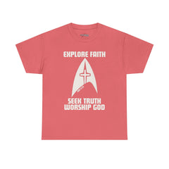 Unisex Heavy Cotton Tee - Explore Faith, Seek Truth, Worship God