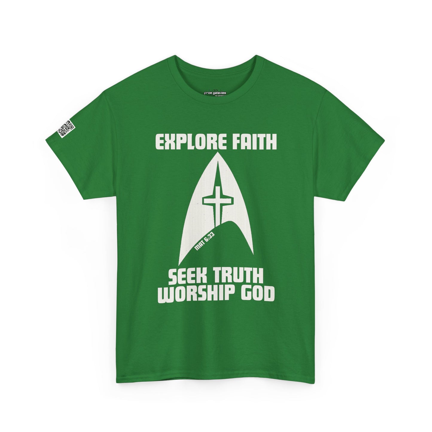 “Explore • Seek • Worship Tee — Cosmic Faith Statement Shirt