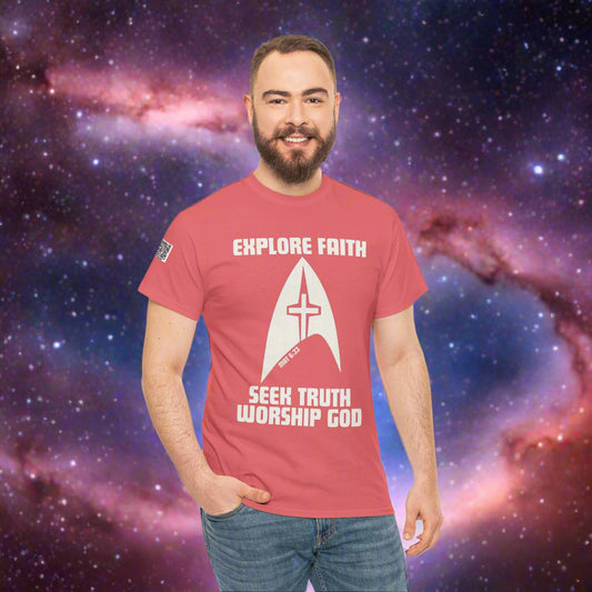 Man wearing a red t-shirt with a design and text on a white background