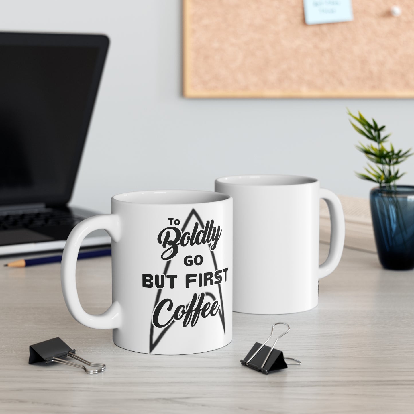 White Coffee Mug - Star Trek Badge Logo 'To Boldly go, but first coffee'