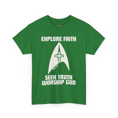 Unisex Heavy Cotton Tee - Explore Faith, Seek Truth, Worship God