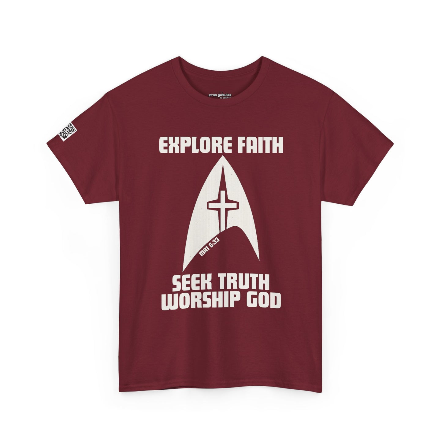 “Explore • Seek • Worship Tee — Cosmic Faith Statement Shirt