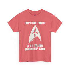 Unisex Heavy Cotton Tee - Explore Faith, Seek Truth, Worship God
