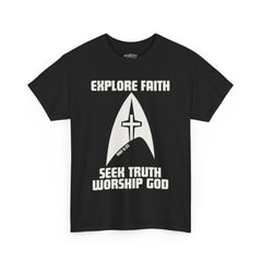 Unisex Heavy Cotton Tee - Explore Faith, Seek Truth, Worship God