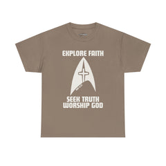 Unisex Heavy Cotton Tee - Explore Faith, Seek Truth, Worship God