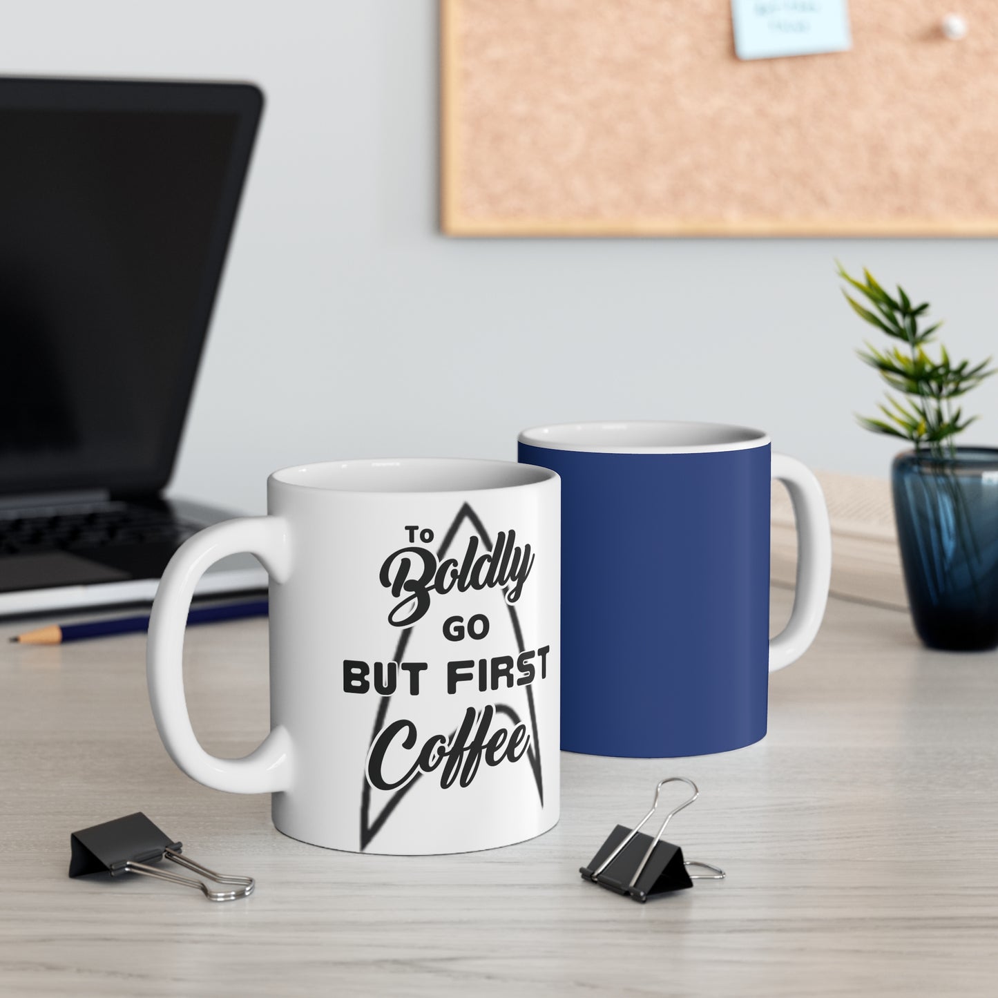 Blue Coffee Mug - Star Trek Badge Logo 'To Boldly go, but first coffee'