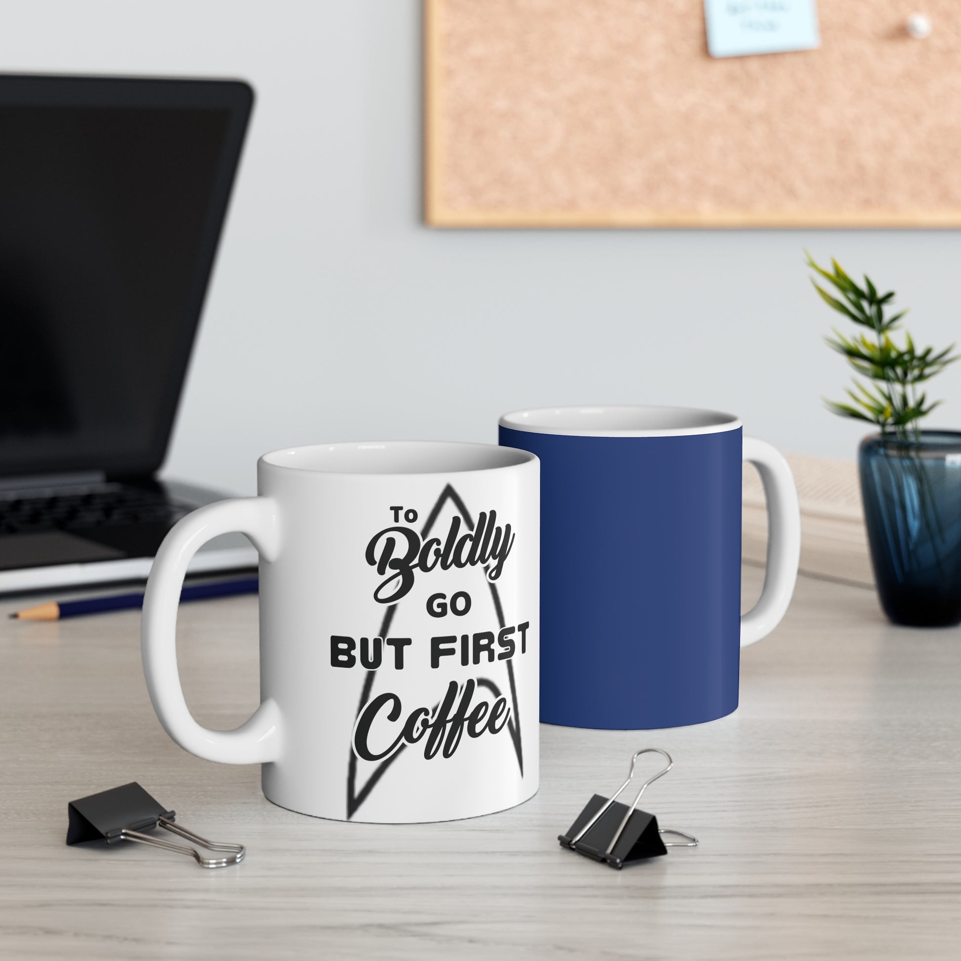 Blue Coffee Mug - Star Trek Badge Logo 'To Boldly go, but first coffee'