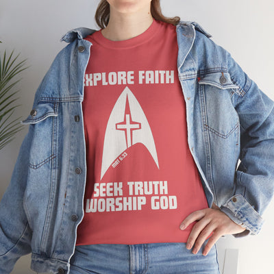 Unisex Heavy Cotton Tee - Explore Faith, Seek Truth, Worship God