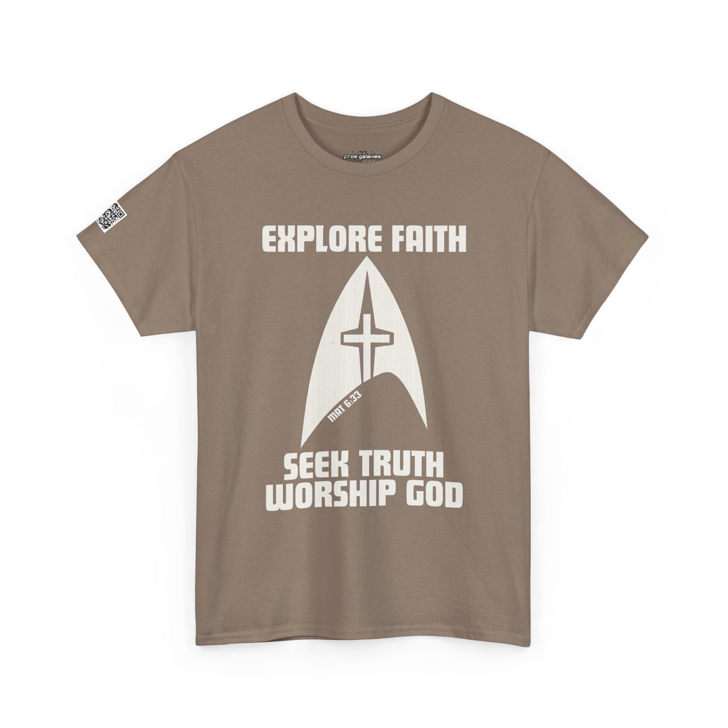 “Explore • Seek • Worship Tee — Cosmic Faith Statement Shirt