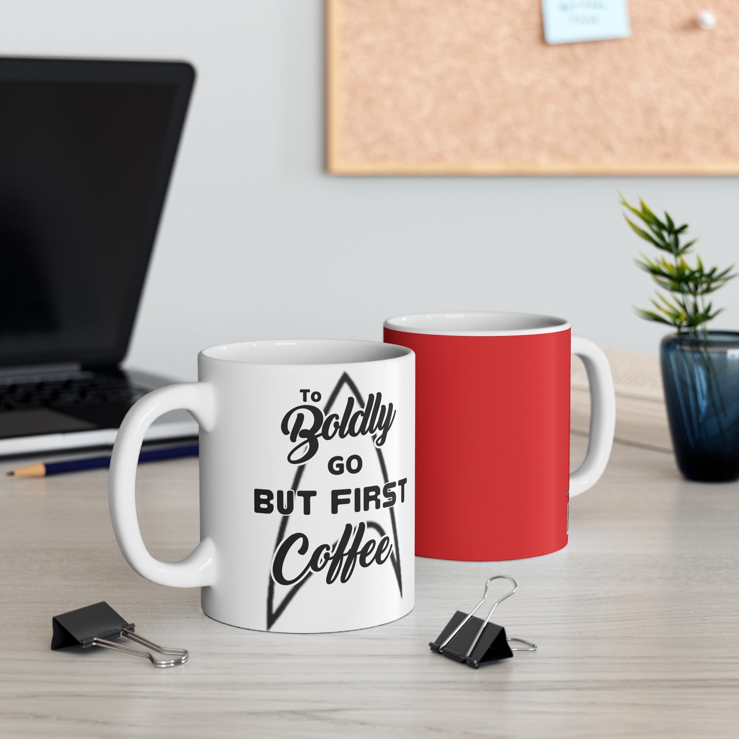 Red Coffee Mug - Star Trek Badge Logo 'To Boldly go, but first coffee'