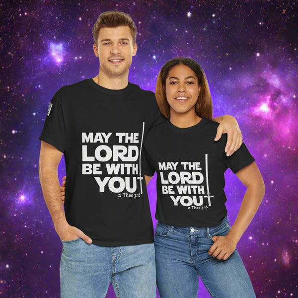 Two people wearing black t-shirts with 'May the Lord be with you' text on a white background