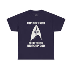 Unisex Heavy Cotton Tee - Explore Faith, Seek Truth, Worship God