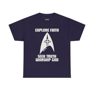 Unisex Heavy Cotton Tee - Explore Faith, Seek Truth, Worship...