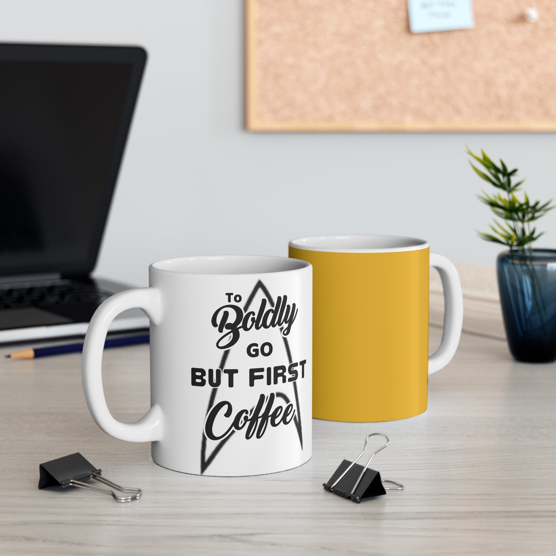 Gold Coffee Mug - Star Trek Badge Logo 'To Boldly go, but first coffee'
