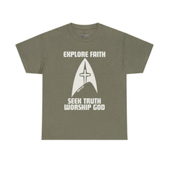 Unisex Heavy Cotton Tee - Explore Faith, Seek Truth, Worship God