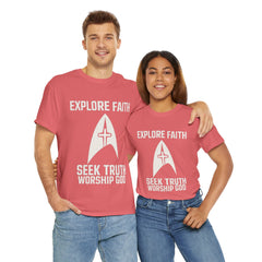 Unisex Heavy Cotton Tee - Star Trek -Explore Faith, Seek Truth, Worship God