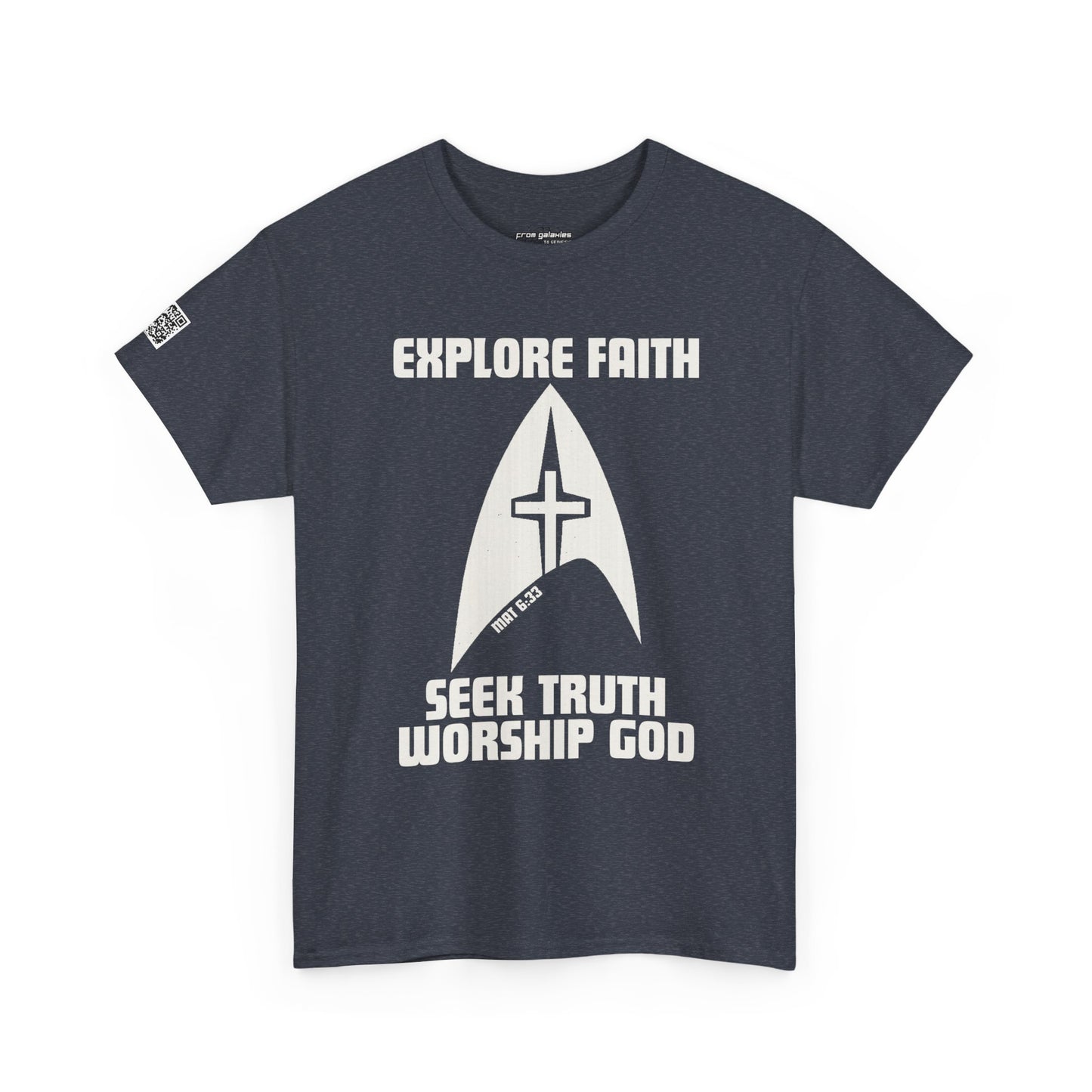 “Explore • Seek • Worship Tee — Cosmic Faith Statement Shirt