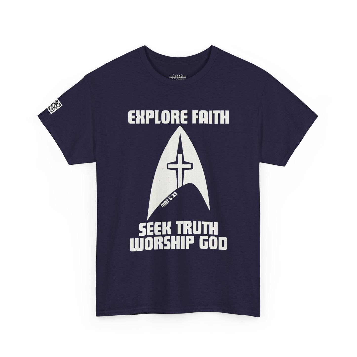 “Explore • Seek • Worship Tee — Cosmic Faith Statement Shirt