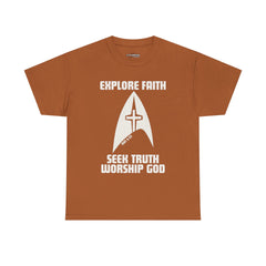 Unisex Heavy Cotton Tee - Explore Faith, Seek Truth, Worship God