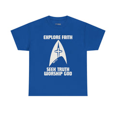 Unisex Heavy Cotton Tee - Explore Faith, Seek Truth, Worship God