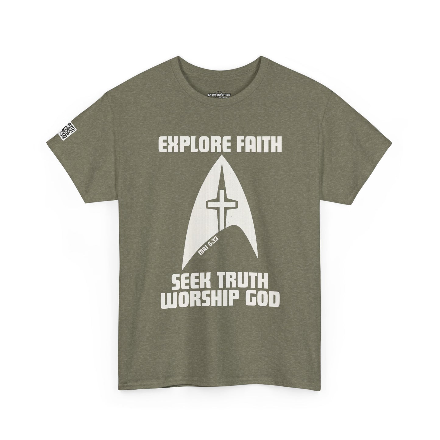 “Explore • Seek • Worship Tee — Cosmic Faith Statement Shirt