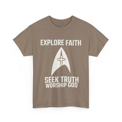 Unisex Heavy Cotton Tee - Star Trek -Explore Faith, Seek Truth, Worship God