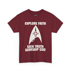 Unisex Heavy Cotton Tee - Explore Faith, Seek Truth, Worship God
