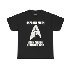 Unisex Heavy Cotton Tee - Explore Faith, Seek Truth, Worship God
