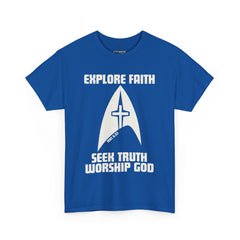 Unisex Heavy Cotton Tee - Explore Faith, Seek Truth, Worship God
