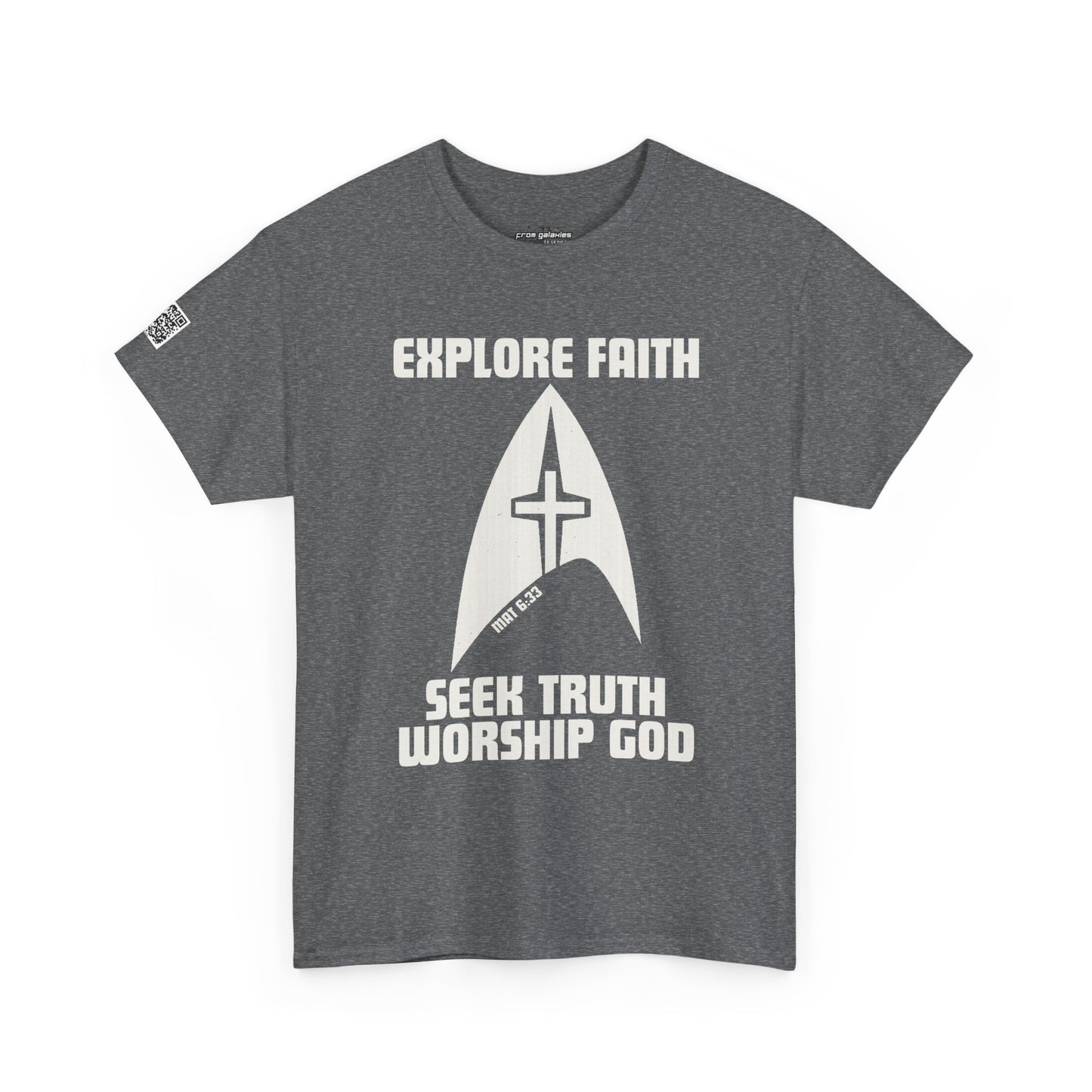 “Explore • Seek • Worship Tee — Cosmic Faith Statement Shirt