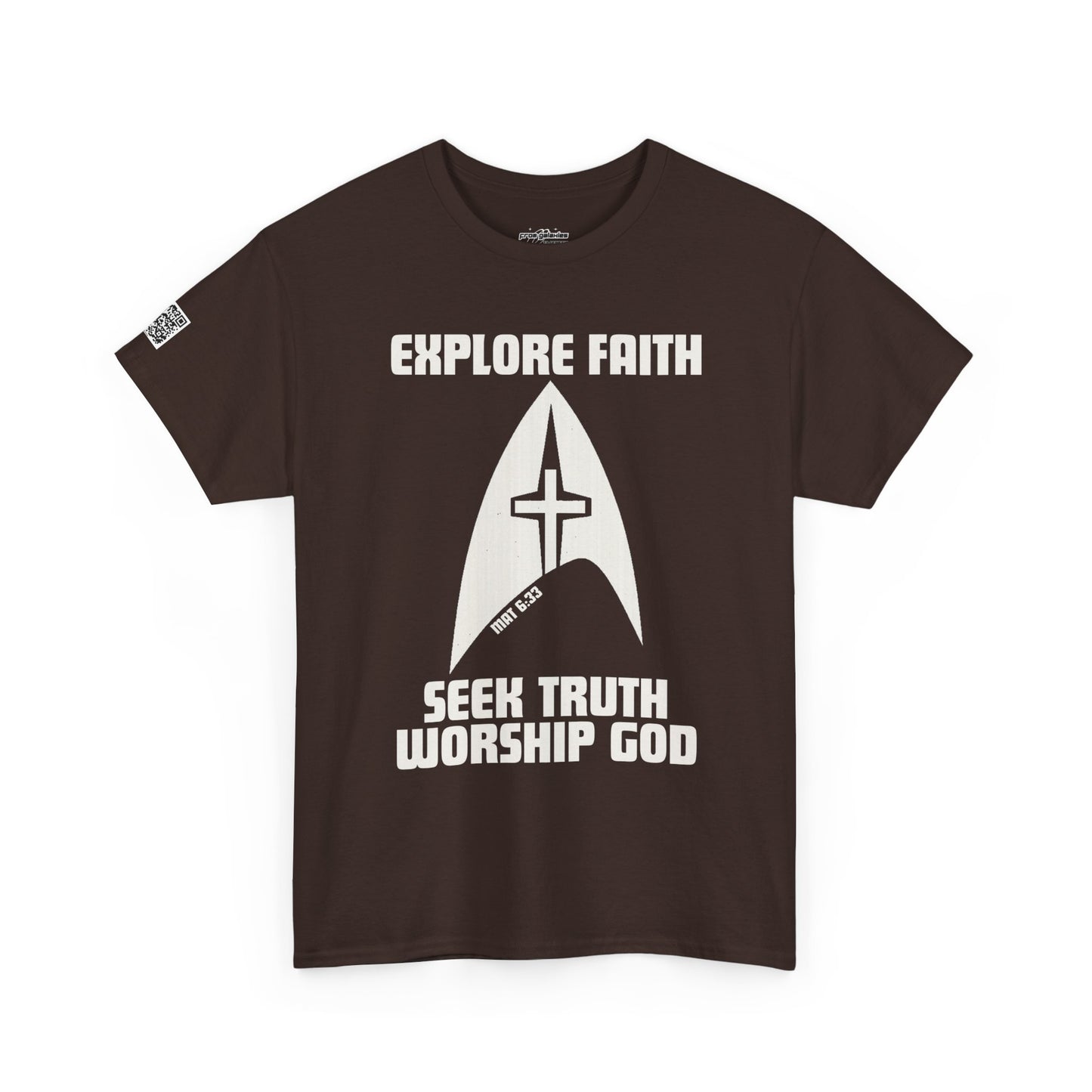 “Explore • Seek • Worship Tee — Cosmic Faith Statement Shirt