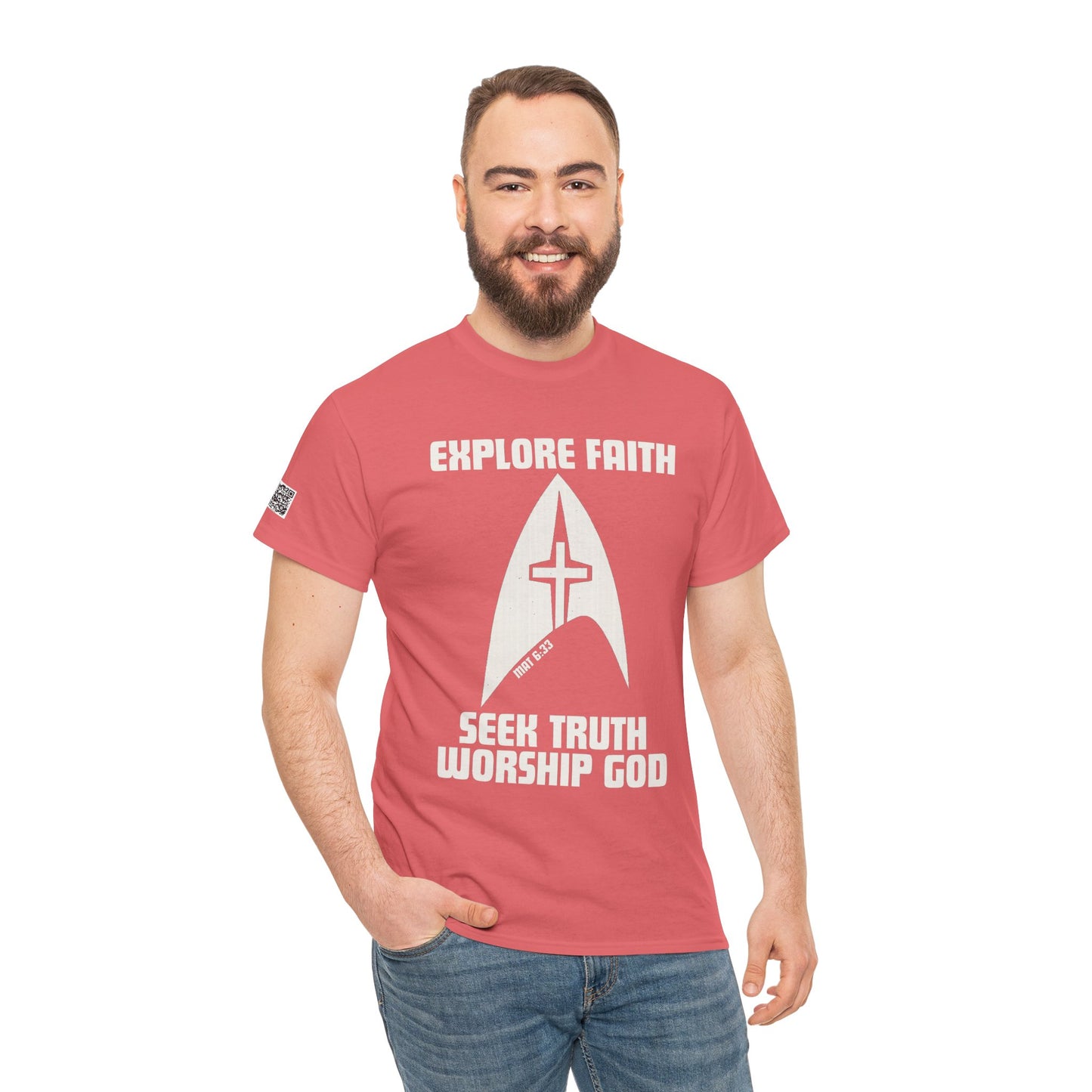 “Explore • Seek • Worship Tee — Cosmic Faith Statement Shirt