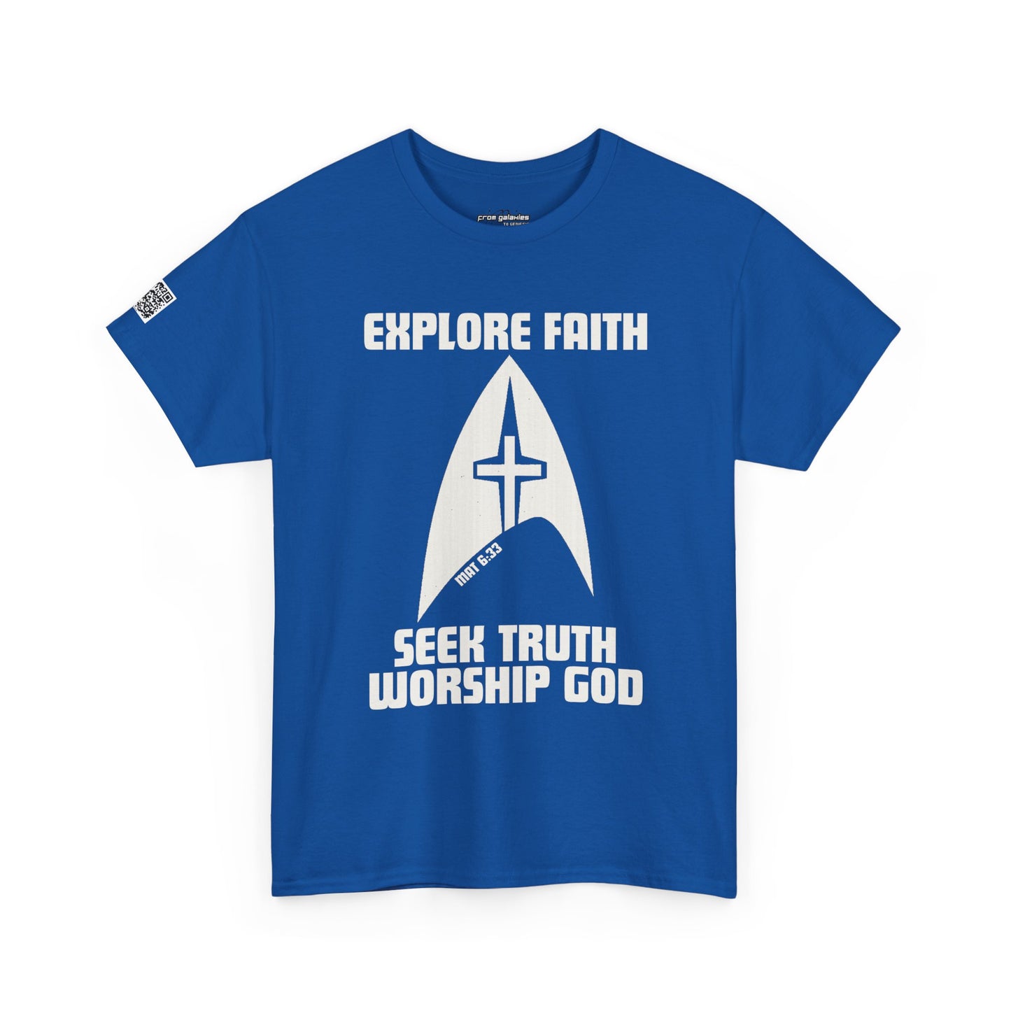 “Explore • Seek • Worship Tee — Cosmic Faith Statement Shirt