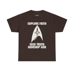 Unisex Heavy Cotton Tee - Explore Faith, Seek Truth, Worship God