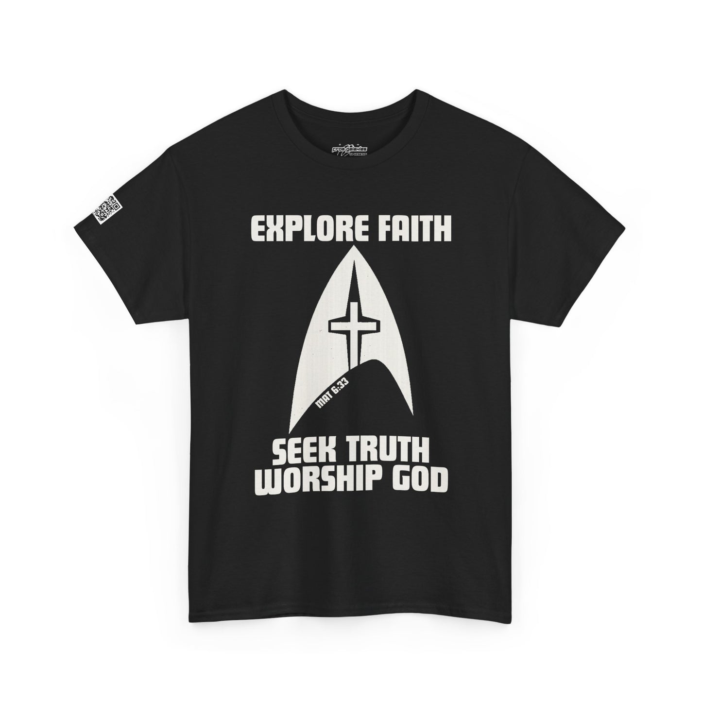“Explore • Seek • Worship Tee — Cosmic Faith Statement Shirt