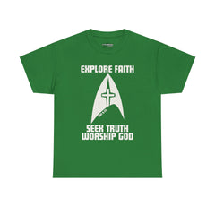 Unisex Heavy Cotton Tee - Explore Faith, Seek Truth, Worship God