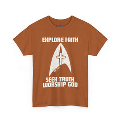 Unisex Heavy Cotton Tee - Explore Faith, Seek Truth, Worship God