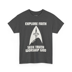 Unisex Heavy Cotton Tee - Explore Faith, Seek Truth, Worship God
