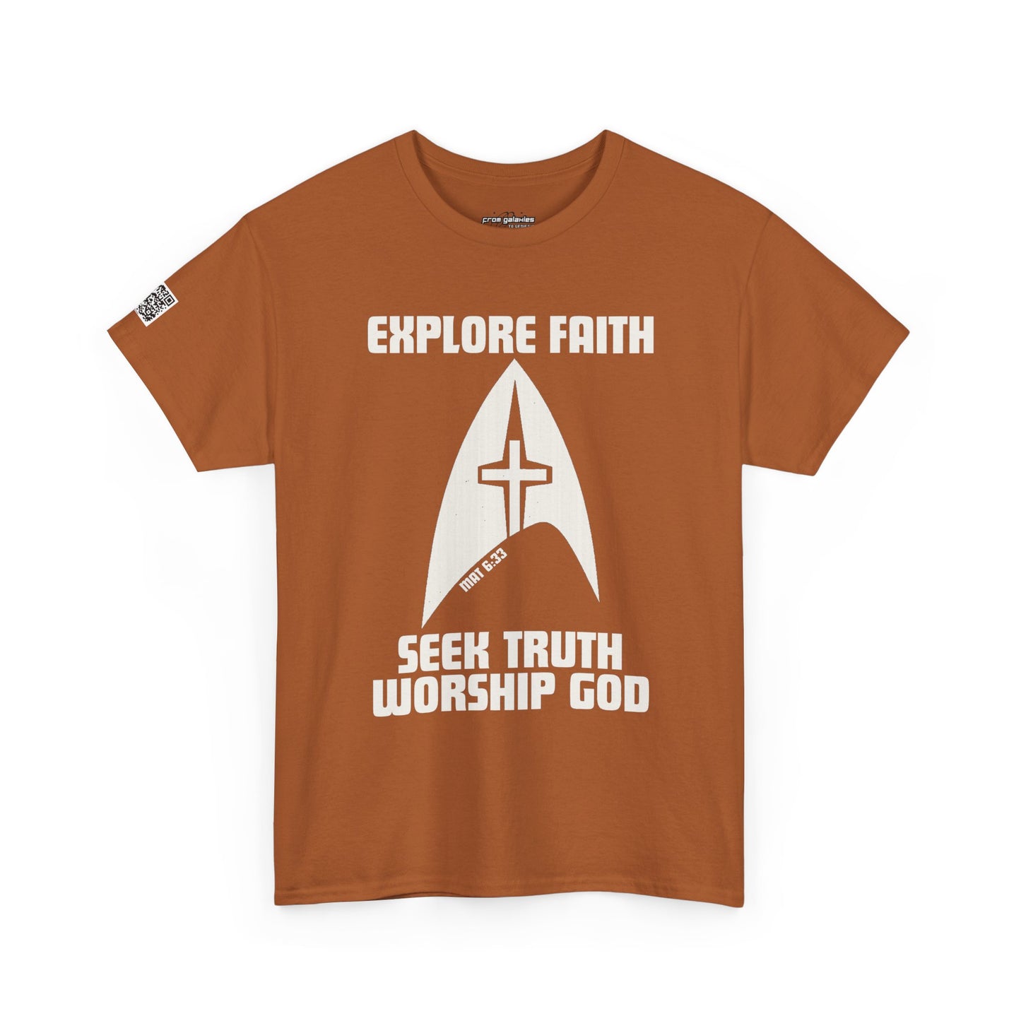 “Explore • Seek • Worship Tee — Cosmic Faith Statement Shirt
