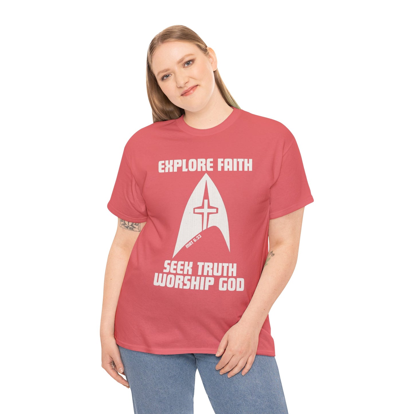 “Explore • Seek • Worship Tee — Cosmic Faith Statement Shirt