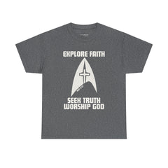 Unisex Heavy Cotton Tee - Explore Faith, Seek Truth, Worship God
