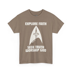Unisex Heavy Cotton Tee - Explore Faith, Seek Truth, Worship God
