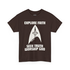 Unisex Heavy Cotton Tee - Explore Faith, Seek Truth, Worship God