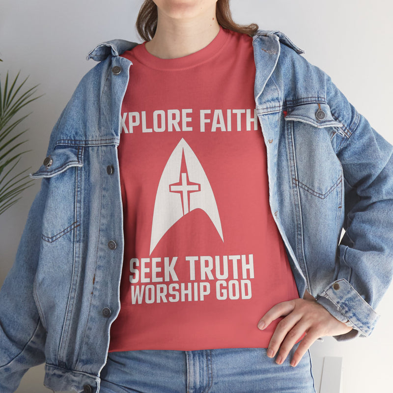 Unisex Heavy Cotton Tee - Star Trek -Explore Faith, Seek Truth, Worship God