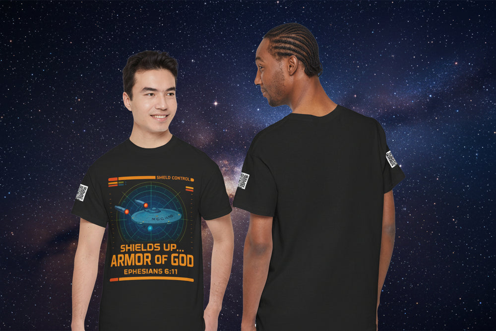 Black t-shirt with graphic design and text worn by two models, front and back views.