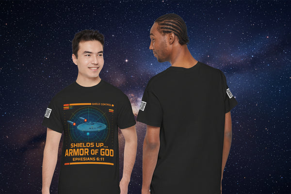 Black t-shirt with graphic design and text worn by two models, front and back views.